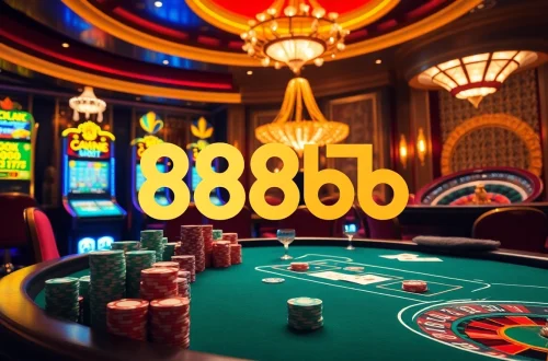 A lively casino scene showcasing players at a poker table with stacks of chips, highlighting the excitement of gambling at 888b.