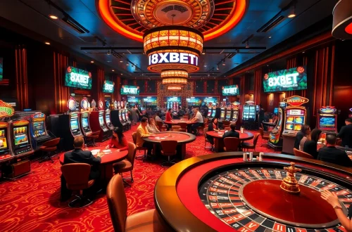 Gambler wins at a vibrant 8XBET slot machine while enjoying the casino ambiance.