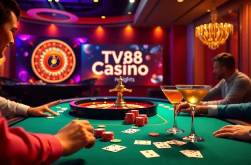 TV88 Casino Nights at an opulent poker table with vibrant chips and excited players.