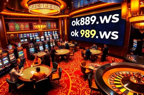 Engage in thrilling casino action at ok789.ws, showcasing intense poker games, vibrant slot machines, and a lively roulette wheel.